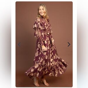 Anthropologie FATE Metallic Floral Chiffon Maxi Dress Burgundy Gold Medium